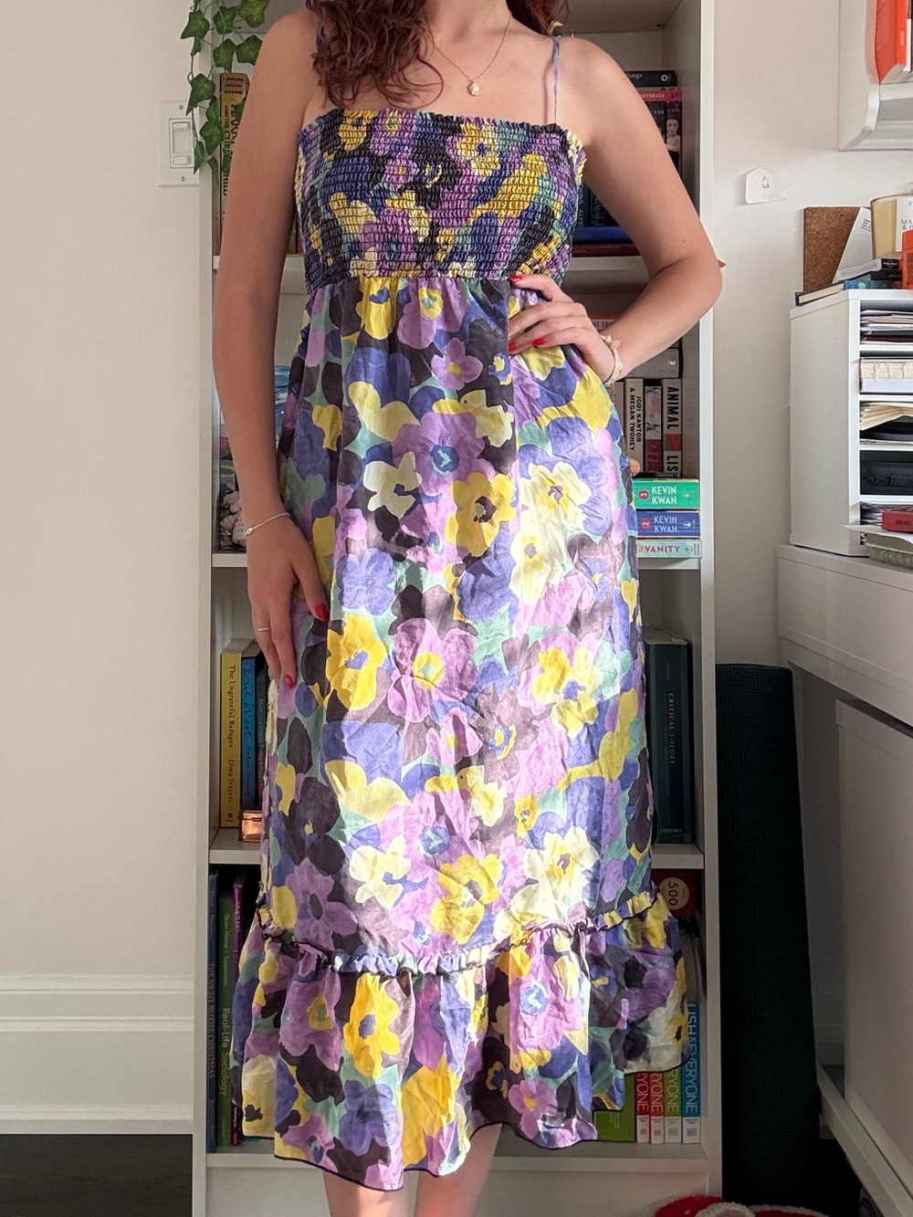 Matty M Purple and Yellow Floral Smocked Midi Dress